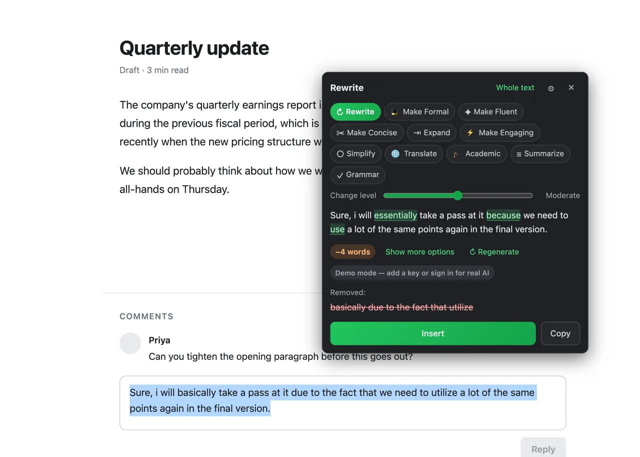 The same ParaphrasePro card open on a comment box further down the page, rewriting a short reply.