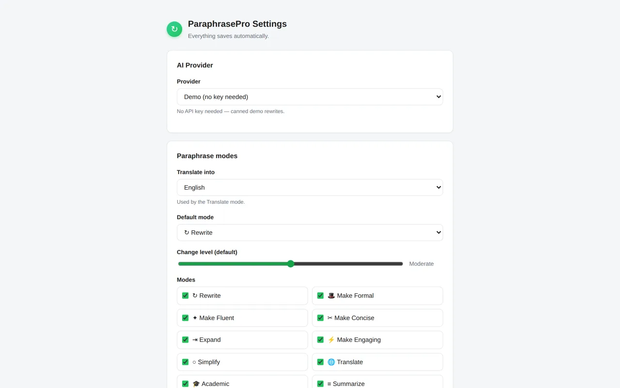 The ParaphrasePro settings page showing the AI provider dropdown and the panel of eleven paraphrase modes.