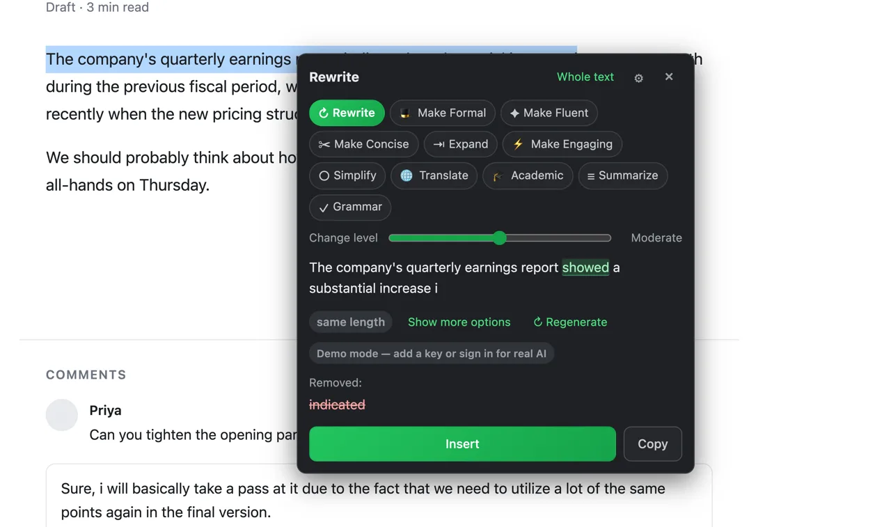 The ParaphrasePro card open over the draft, showing the eleven mode pills, a change-level slider set to Moderate, and a live word-diff of the rewritten sentence.