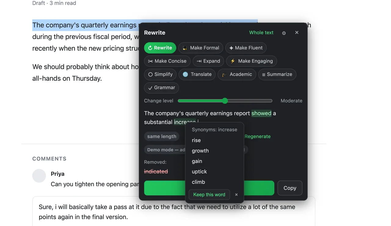 A synonyms popover open on a word inside a ParaphrasePro result, listing alternatives with a Keep this word option.